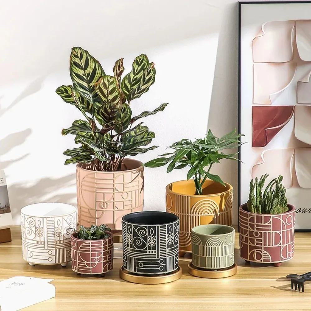 European-style Cylindrical Ceramic Flowerpot Succulent Plants Potted Garden Decoration Indoor Table Flowerpot with Golden Tray