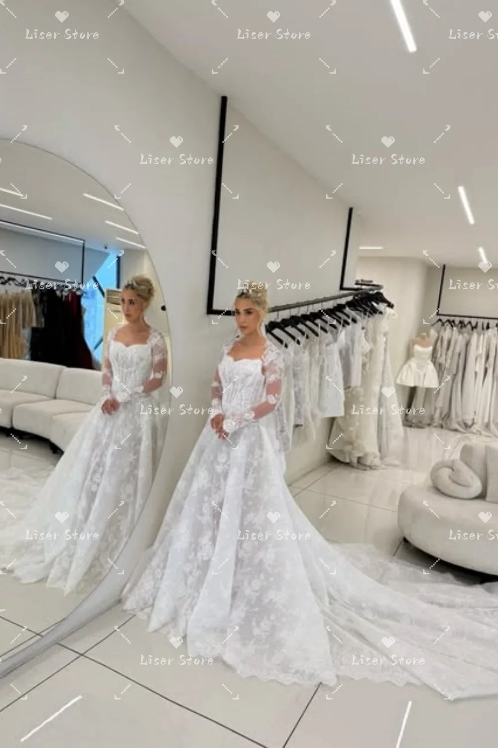 Liser Customize Ivory Sweetheart Long Sleeve Full Lace Ball Gown Wedding Dress Voluminous Skirt Extra Long Train Robe De Mariée