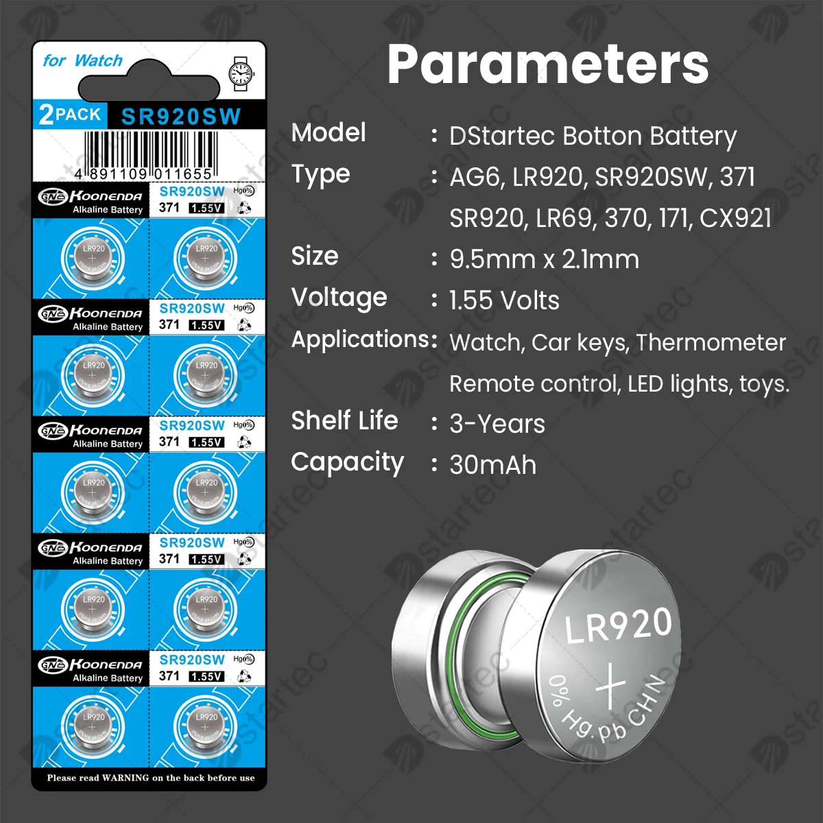 Koonenda 30mAh LR920 AG6 Alkaline Button Batteries, L921 LR921 SR920SW 371 171 370 SR920 1.55V Coin Cell for Watch Clock Remote