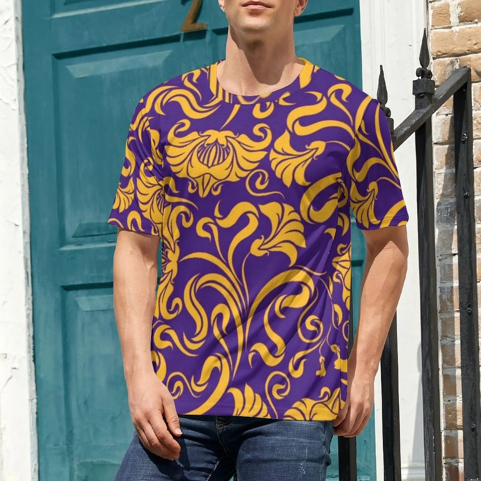Premium T Shirt Baroque Floral T-Shirts Gold Flowers Street Style Vintage Tee Shirt For Man Short-Sleeve Design Plus Size Tops