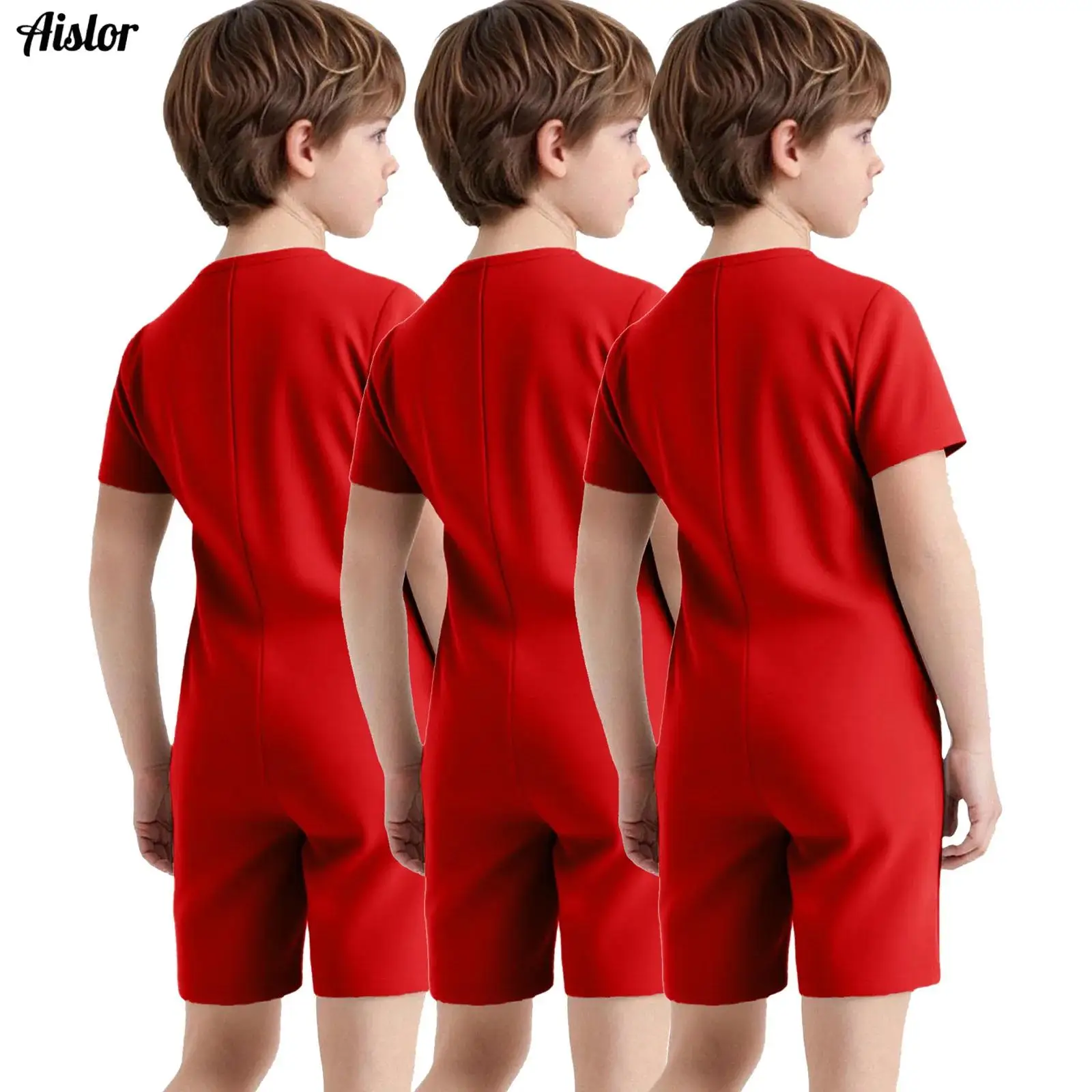 3Pcs Kids Girls Boys Special Needs Adaptive Clothing Cotton Short Sleeve Back Invisible Zipper Solid Color Anti-Strip Jumpsuit