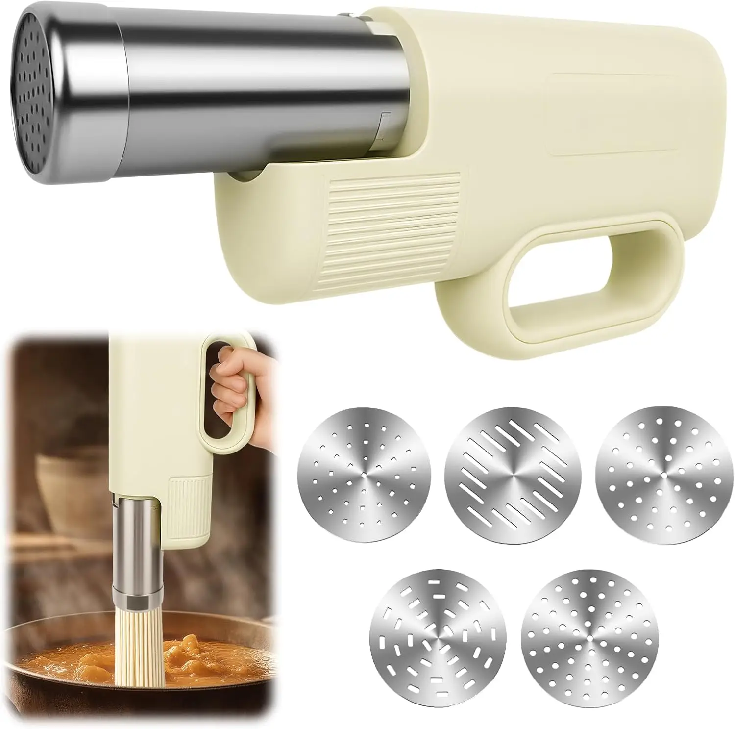 

5-in-1 Automatic Electric Pasta Maker, Handheld Machine for Homemade Noodles, DIY Appam, Cordless with Ergonomic Grip