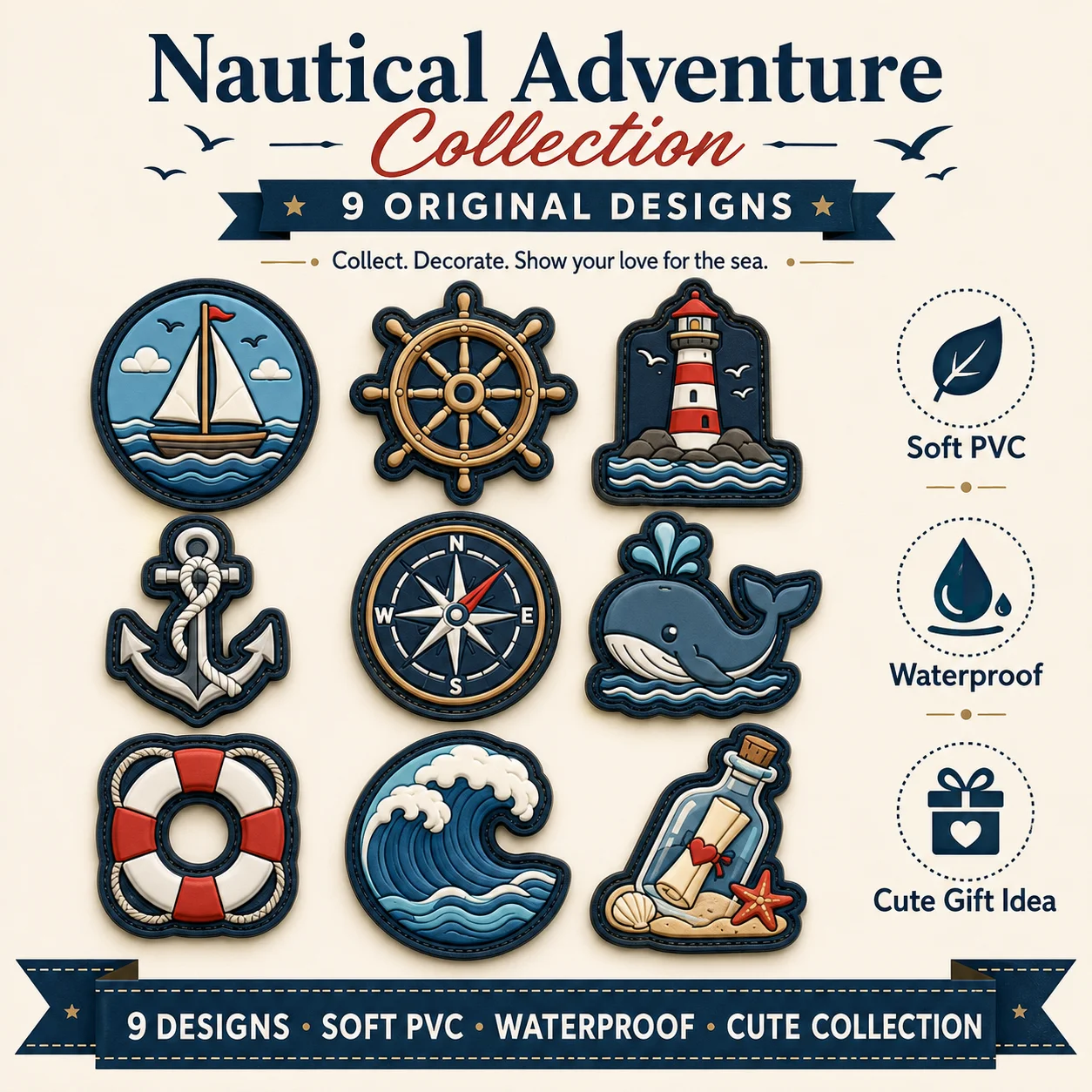 Custom Sailing Nautical PVC Patches Sailboat Lighthouse Anchor Wheel Compass Lifebuoy Soft Rubber for Bags Jackets Marine Gear