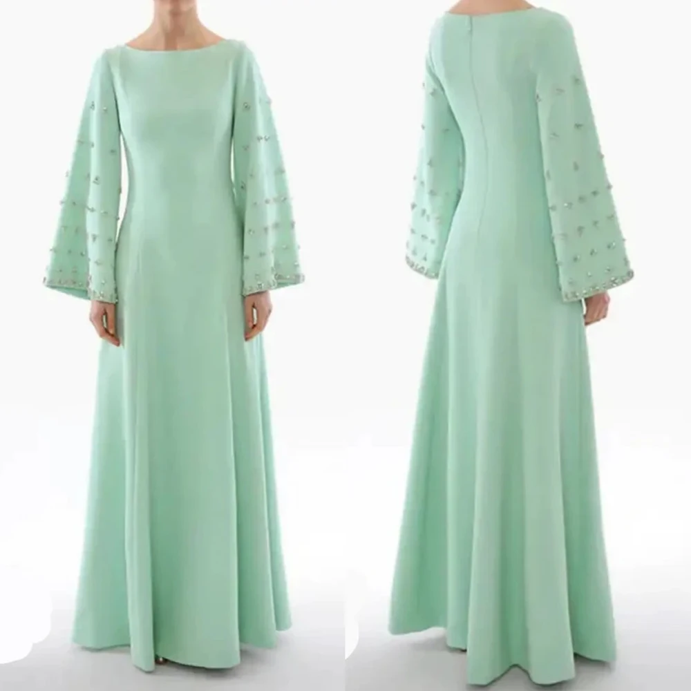 

Flechazo Mint Green Evening Dress Scoop Neck Flare Long Sleeves A-Line Floor Length Beading and Crystal Customized Women Gowns