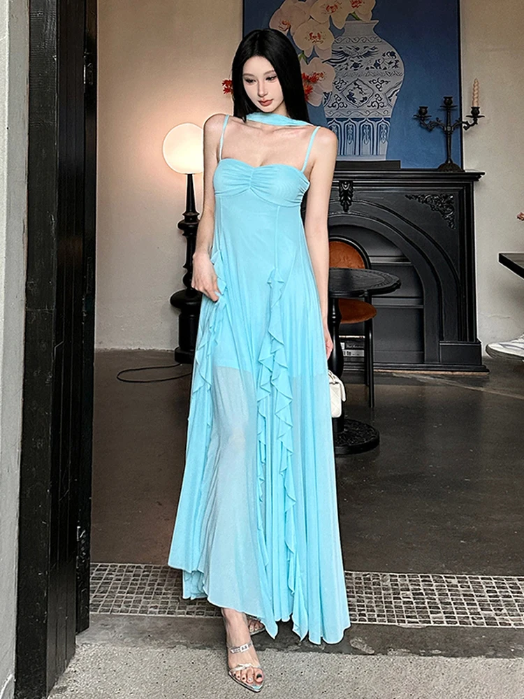 Mint Cool Fairy Girl Blue Tone Strapl Long Dr Women's Sa Drifting Gown Sweet Sle Svel Summer Season Polyester...