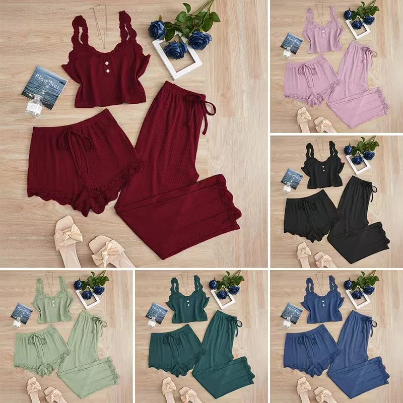 

Summer Pajamas Women's Home Clothes Sleeveless Crop Top Button Front Cotton Blend Drawstring Waist Three Piece Solid Color