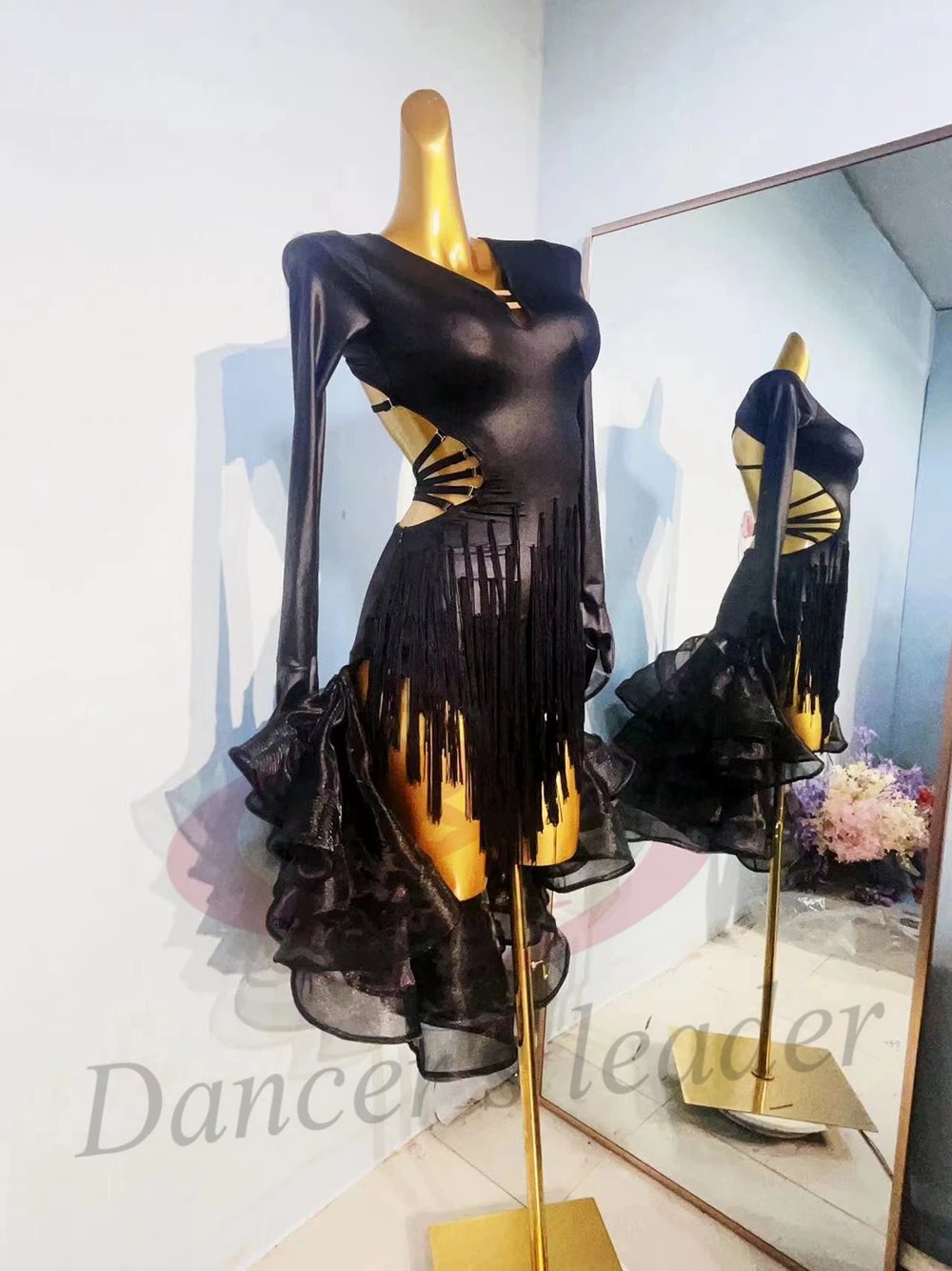 Costume da ballo latino AB Stone Donna Adulto Bambini Gonna con frange in rete personalizzata di fascia alta Abito da spettacolo per samba da piscina nero