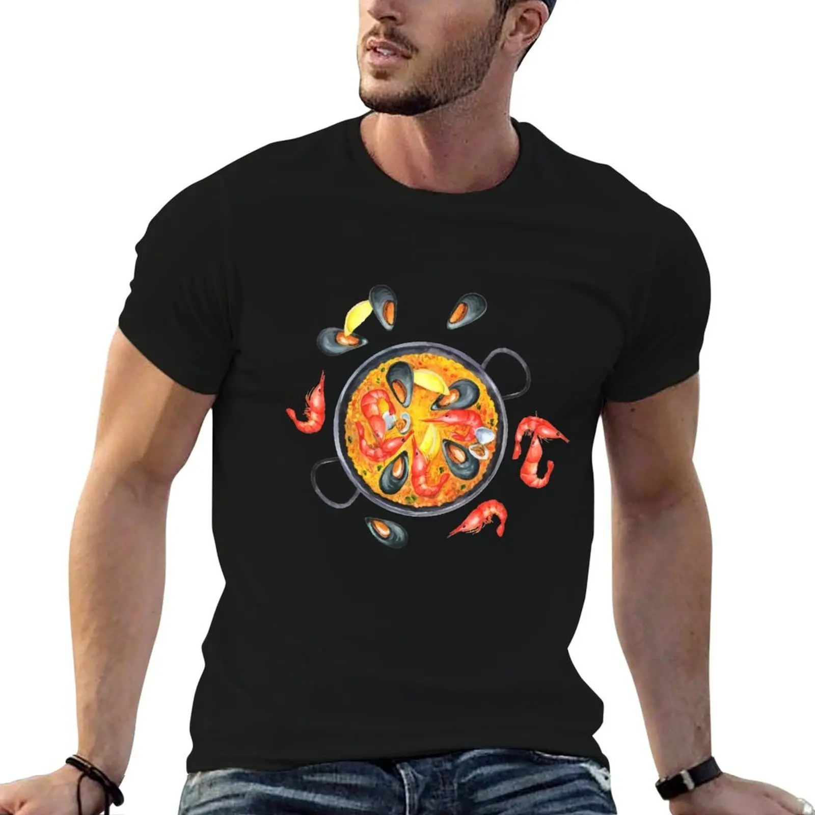 Paella de mariscos españoles con camarones, mejillones y almeja, camisetas de diseñador para hombre, Camiseta de algodón