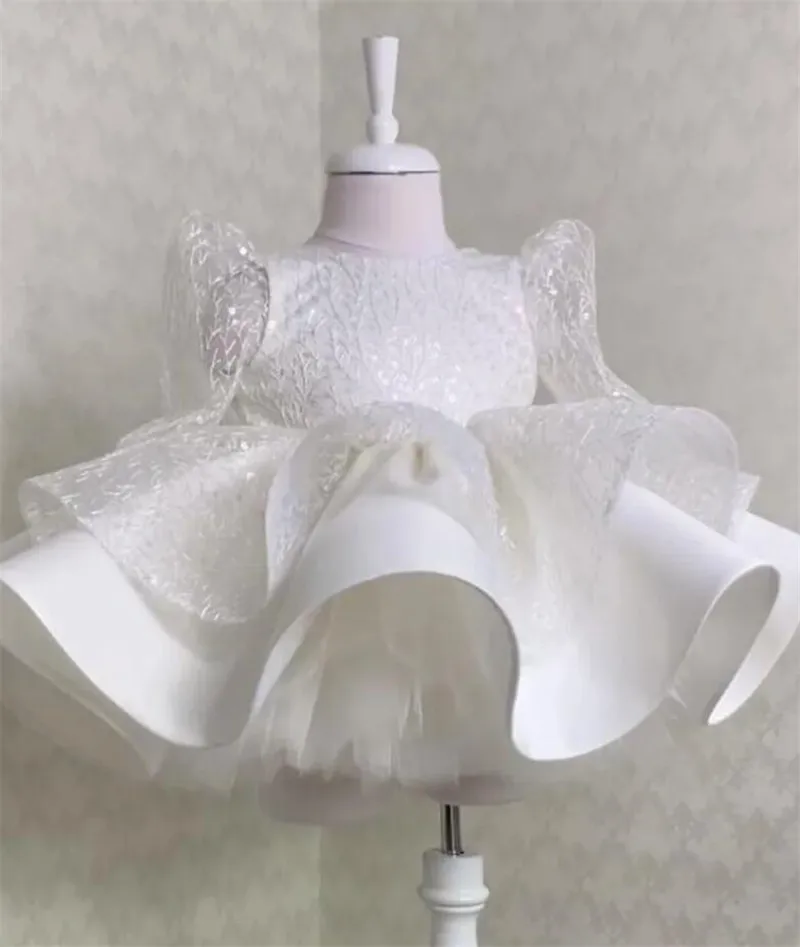 

White Flower Girl Dress Layers Tutu Full Sleeves Princess Girl Dress Satin Child Party Birthday Dresses Gown