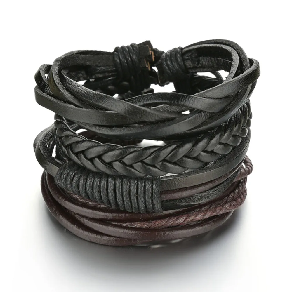 Retro 4Pcs/ Set Braided Wrap Leather Bracelets for Men Vintage Black Rudder Charm Wood Beads Ethnic Tribal Male Wristbands
