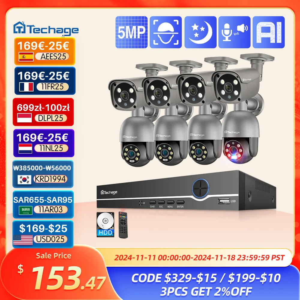 

Techage 8CH 5MP Security Camera System Night Vision Human Detection POE PTZ Camera Outdoor Security Surveillance Cam Kit P2P