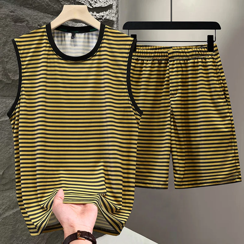

Summer Casual Sport Stripe Sleeveless T-Shirt Shorts Set for Men Young Style Trendy Outfit Unbranded Youth Summer Wear