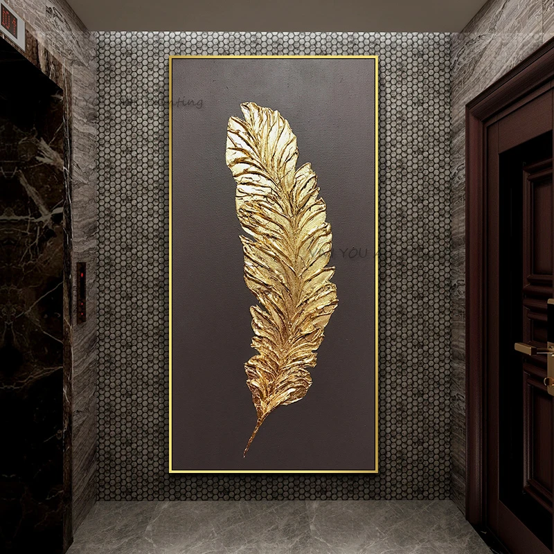 Original Handmade Gold Leaf Feather Oil Painting, Minimalist Dark Tone Impasto Wide Canvas Contemporary Home Wall Decor
