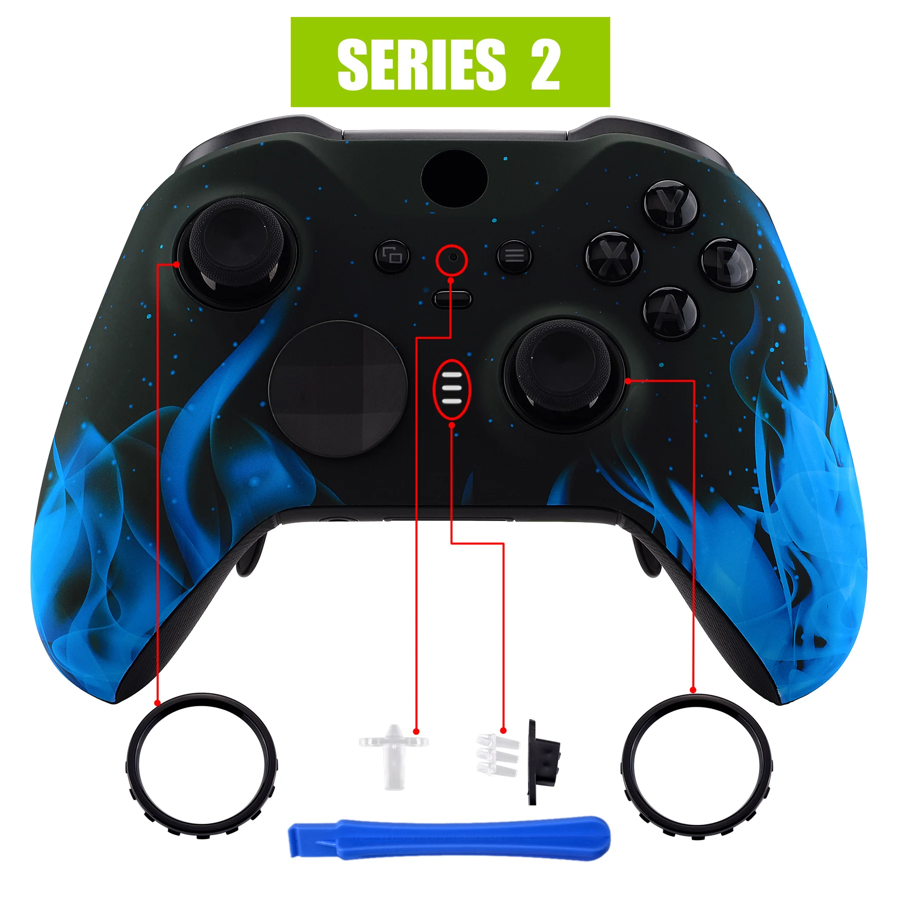 eXtremeRate Soft Touch Faceplate Front Housing Shell Replacement Kit for Xbox One Elite Series 2 Controller - Blue Flame