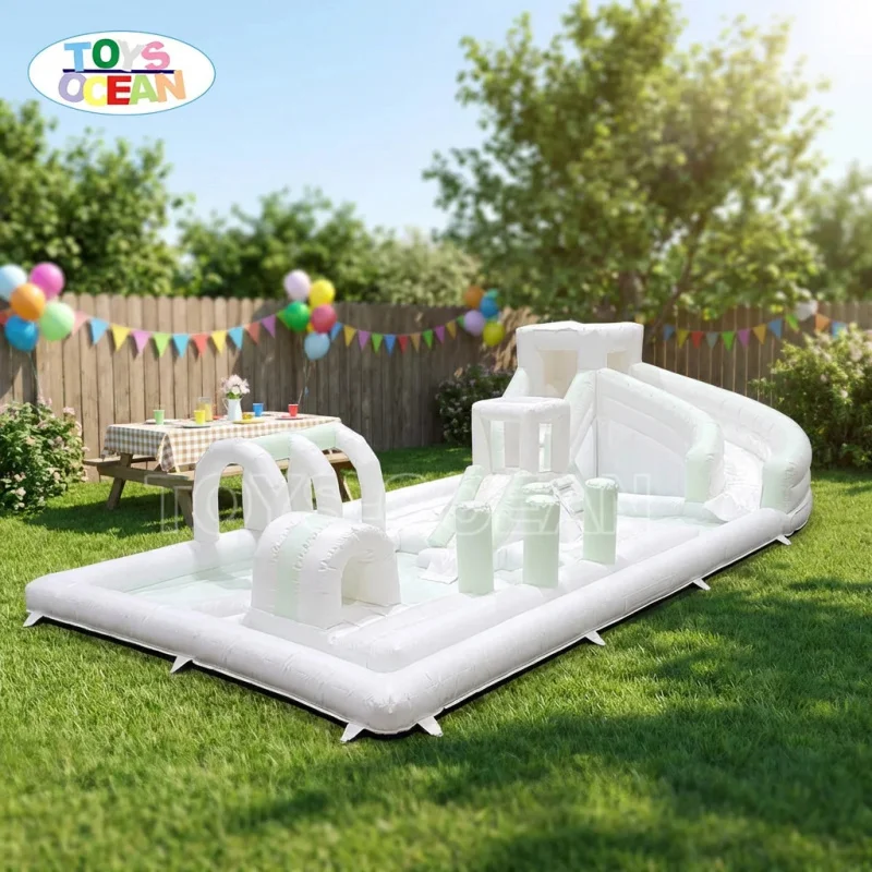 Commercial Inflatable Water Obstacle Course with Slide and Pool, Pastel White Green Bounce Castle for Kids Party Rental