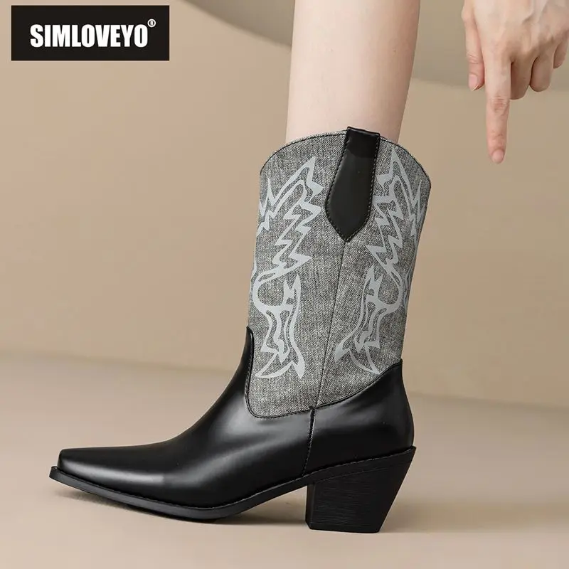 

SIMLOVEYO Брендовые сапоги в стиле вестерн в стиле ковбой с квадратным носком, туфли на блочном каблуке 6,5 см, без шнуровки, разноцветные, большого размера 43, 44, 45, 46, комфорт