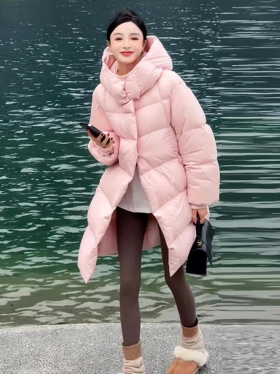 Pink Hooded Mid-Length Puffer Jaet Women's Winter 2025 90 White Du down Loose Thiened Warm Bread Sle Casual Faion