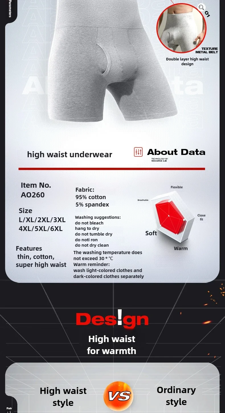 Underwear Mens Pure Cotton High Waist Trunks Plus Size Lengthened Anti-wear Warm Sports Boxers Pack Mentrual Panties