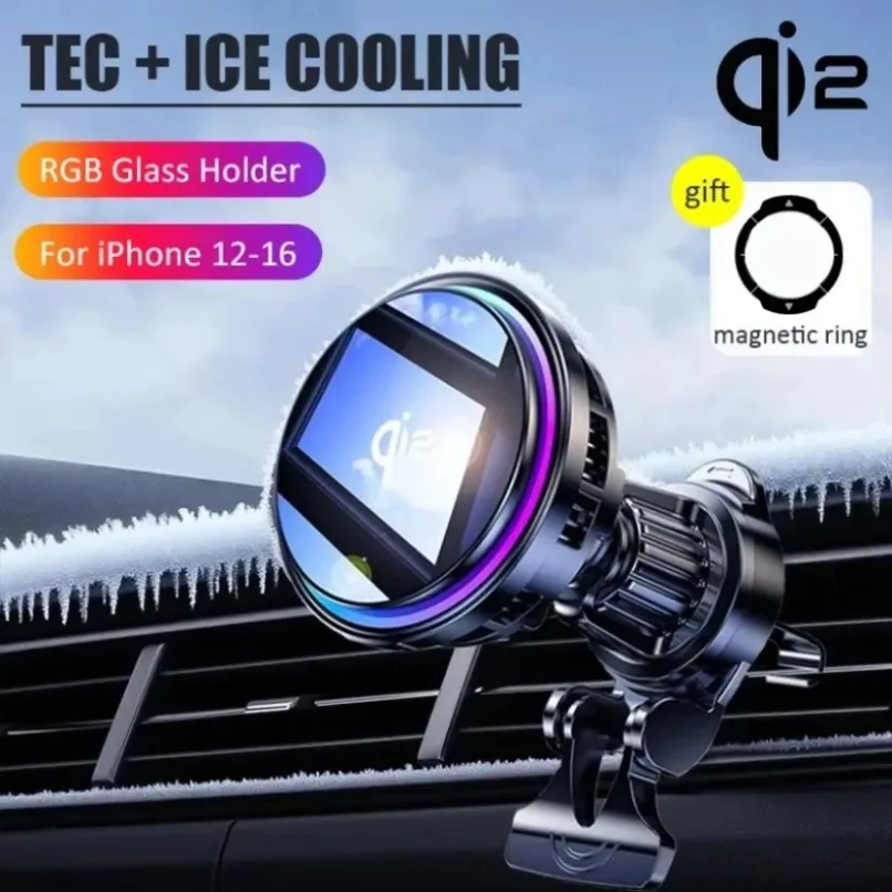 Tempered Glass QI2 Magnetic Wireless Car Charger Ice Cooling RGB Radiator For Magsafe iPhone 12-16 Phone Holder Fast Charging