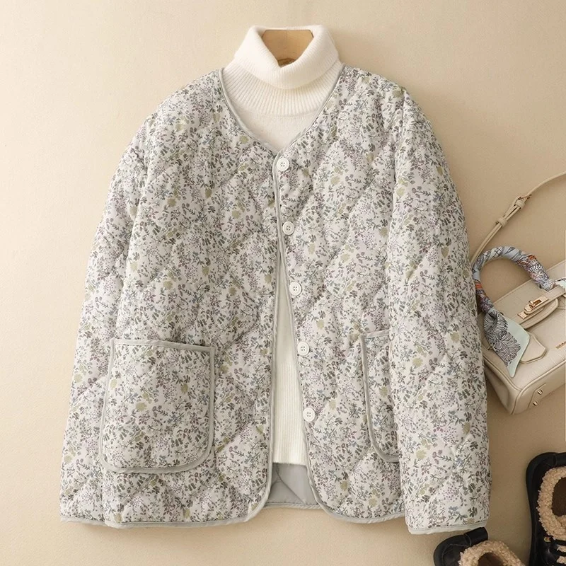 

New Floral Autumn Winter Cotton Coat, Thick And Warm Single Breasted Lightweight Quilted Jacket For Women w1705