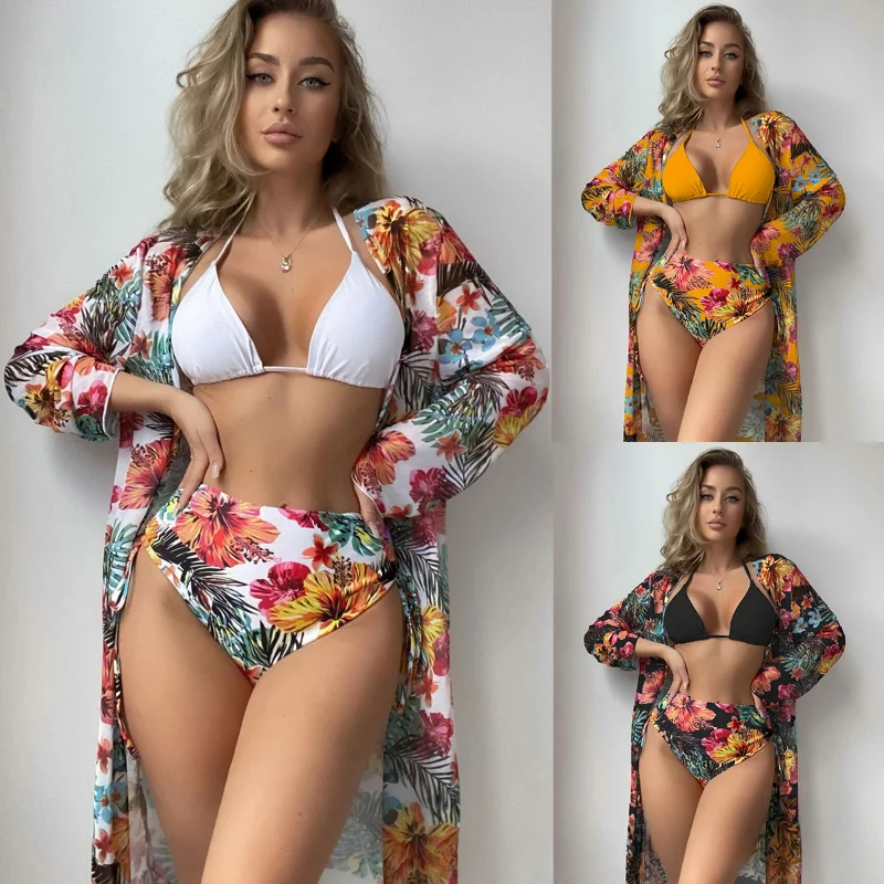 

3 Pieces Cover-Ups Swimsuit Female Split Printing High Waist Long Sleeve Plus Size Swimsuit Push Up Bikini Trajes De Baño Mujer