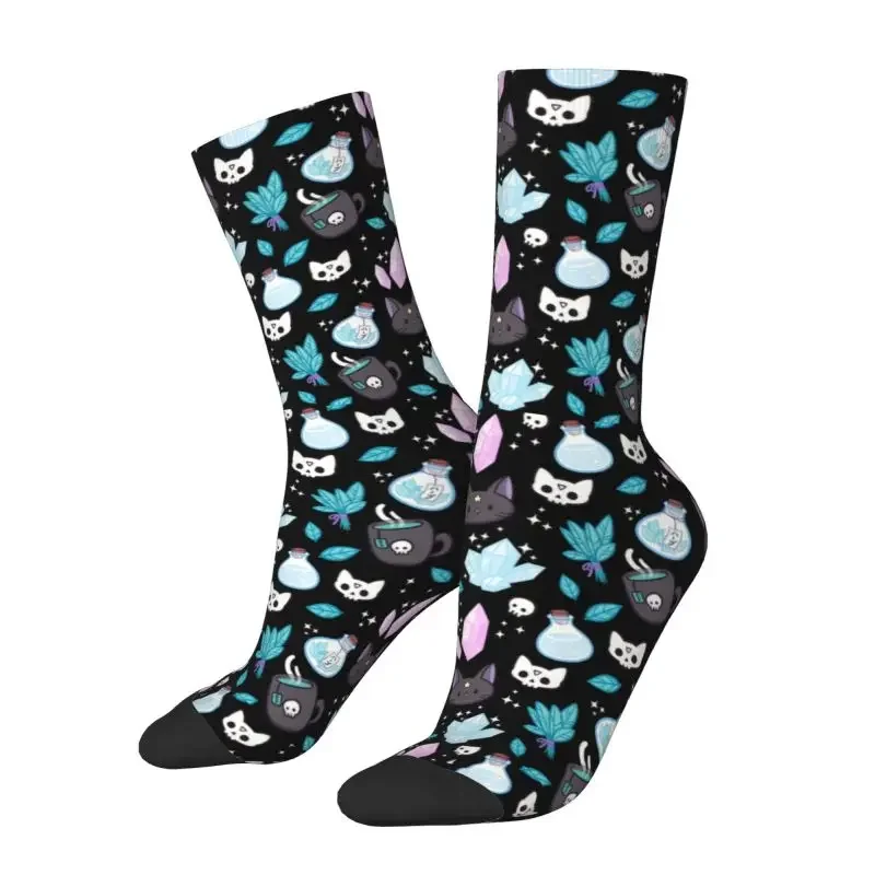 Cute Mens Herb Witch Pattern Dress Socks Unisex Breathable Warm Comfortable 3D Print Spooky Cat Skull Crazy Crew Socks