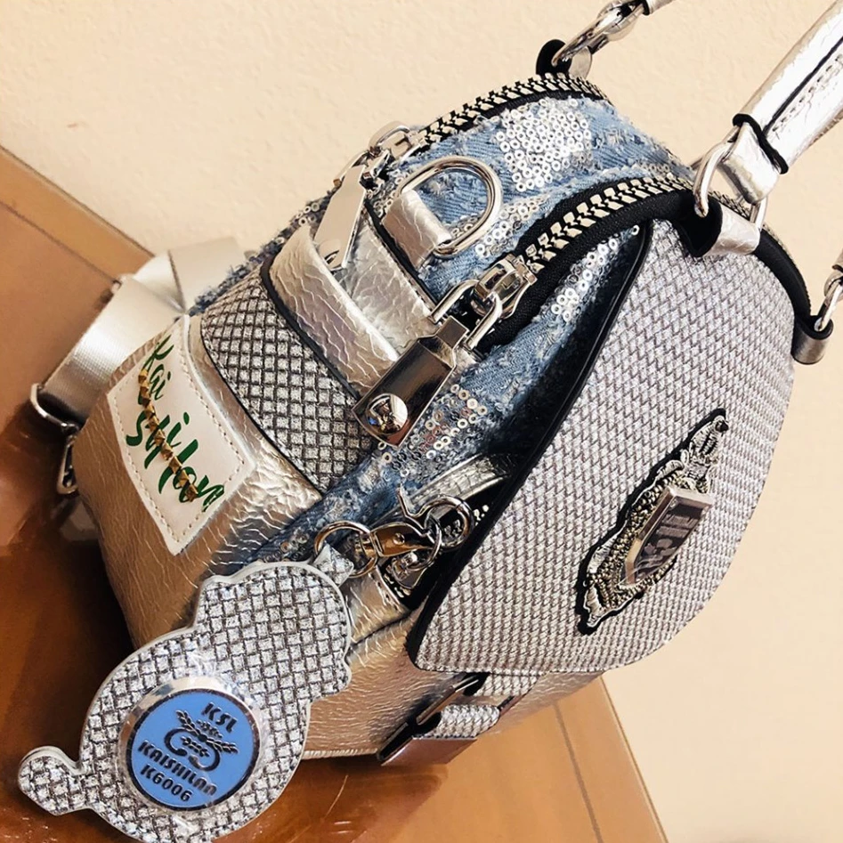 Female Small Distressed Denim Checker Convertible Handbag Backpack Women Travel Multi Pockets Shiny Paillette Silver Bagpack