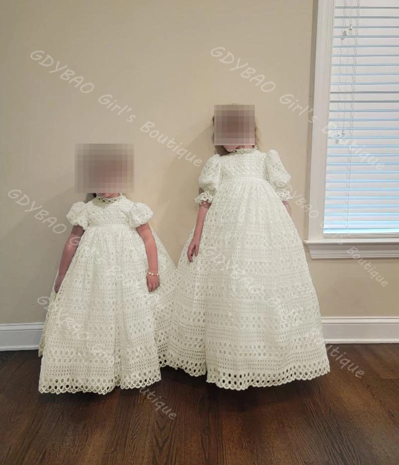 Aangepaste kanten bloemenmeisjesjurk hoge taille ballonmouwen eerste heilige communiejurk 2-14 kinderen klassieke bruiloftsbaljurk
