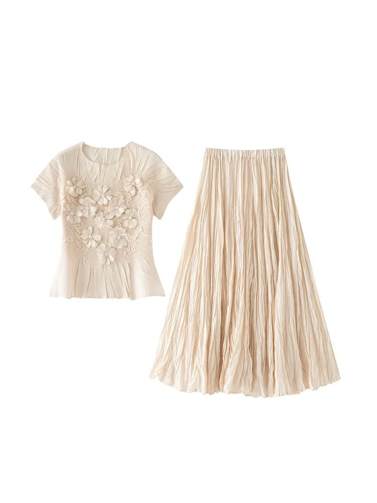 Miyake Short-sleeved Pleated Two-piece Set, Pearl Stacked Flower Set, High-end Pleat T-shirt, Super Pendulum Pleated Skirt