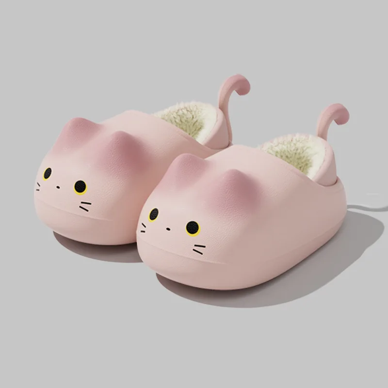 Designer 3D Cute Cat Fleece-lined Winter Slippers Children Heel-covering Cotton Slippers for Girls Boys Home Fur Slides