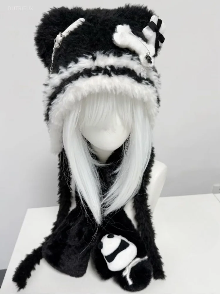 Y2k Aesthetic Patchwork Cute Knitted Fairy Hat Vintage Grunge Kawaii Bear Ears Winter Cap Harajuku Cute Cross Belted Women Hats