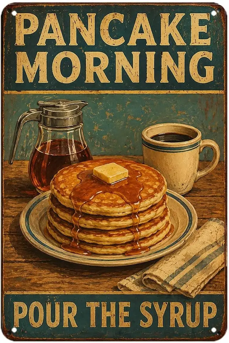 Pancake Morning Pour the Syrup Sign Vintage Breakfast Coffee Pancakes Metal Tin Sign Wall Decor for Home Kitchen Dining Room Caf