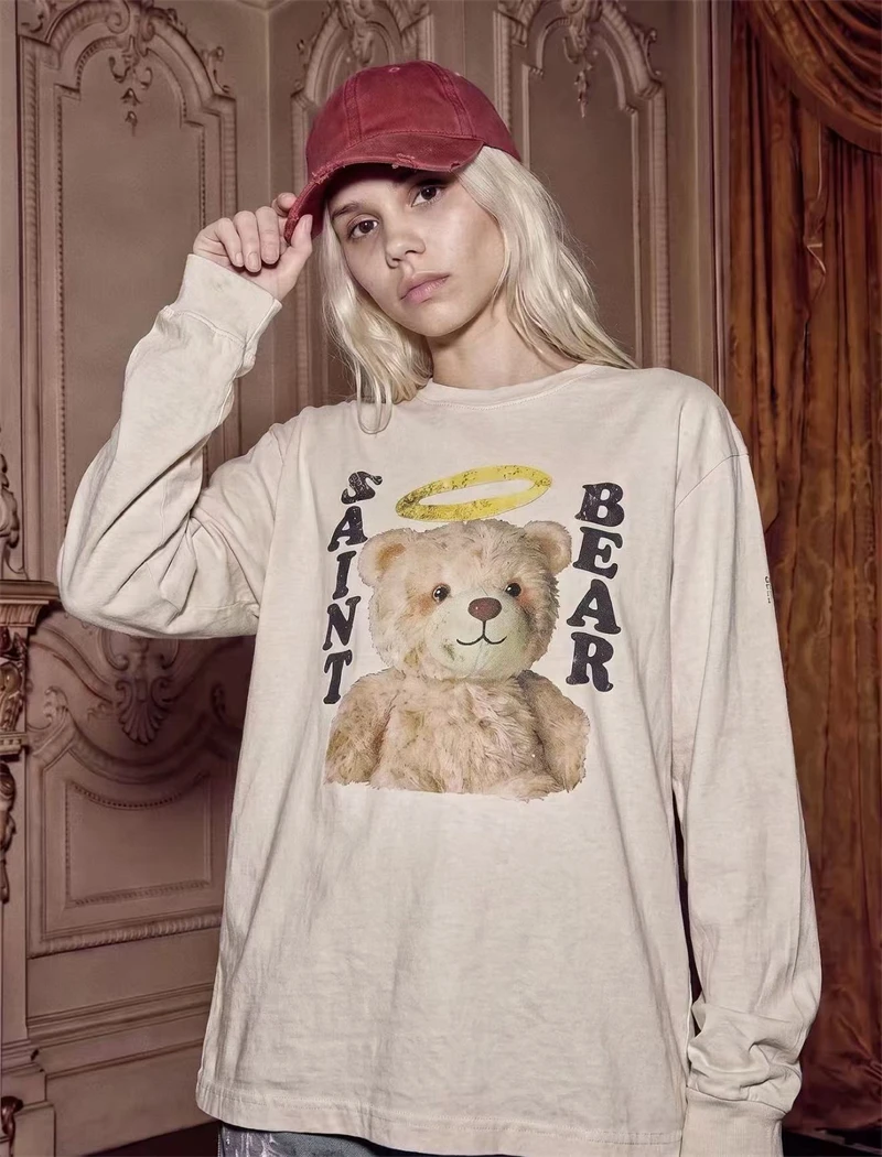 New False Angel Bear Doll Printed Vintage Washed Long Sleeve High Street Casual Loose Cotton Comfortable Simple Sports T-shirt