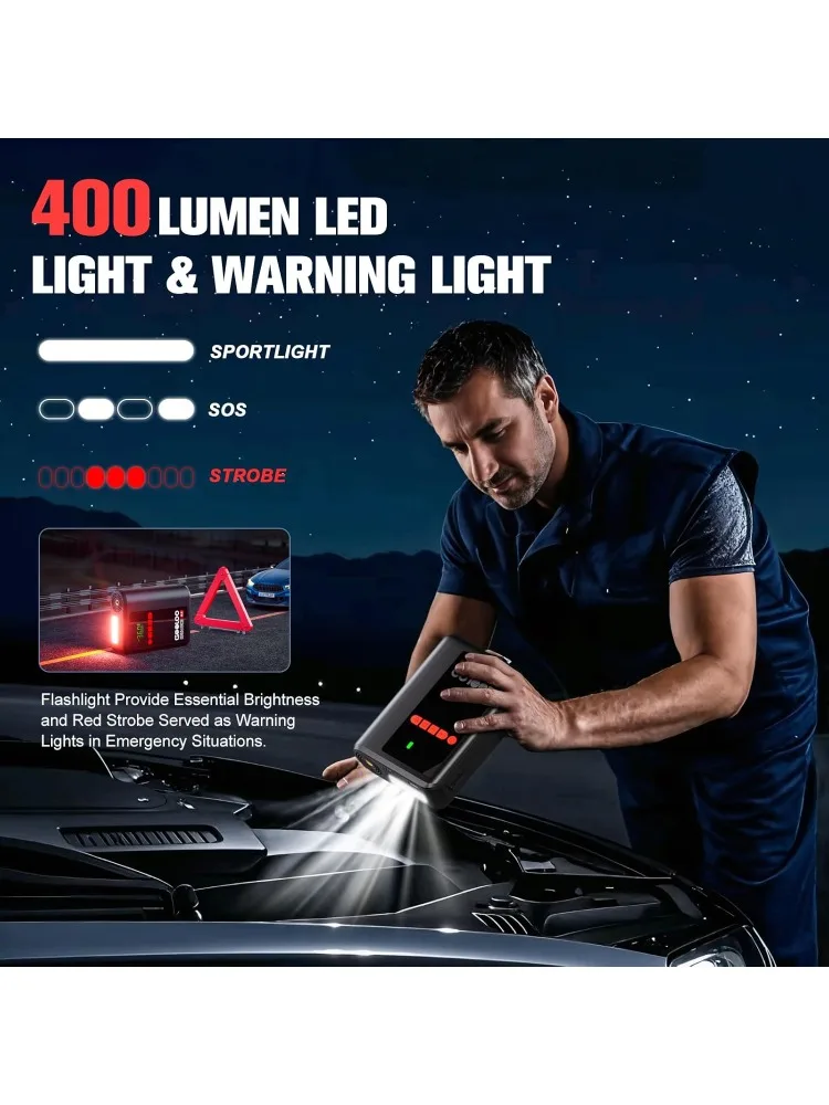 A2 8-in-1 Jump Starter مع ضاغط هواء، معزز بطارية السيارة 2500 أمبير (حتى 8 لتر غاز/6 لتر ديزل) 150 رطل لكل بوصة مربعة إيقاف تلقائي لاسلكي