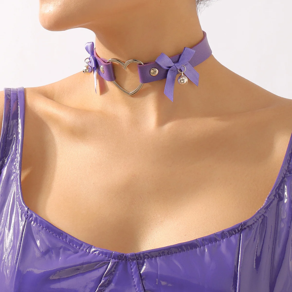 N10379 Geometric love Collar Leather Bow Bell Choker European American Personality Choker Necklace