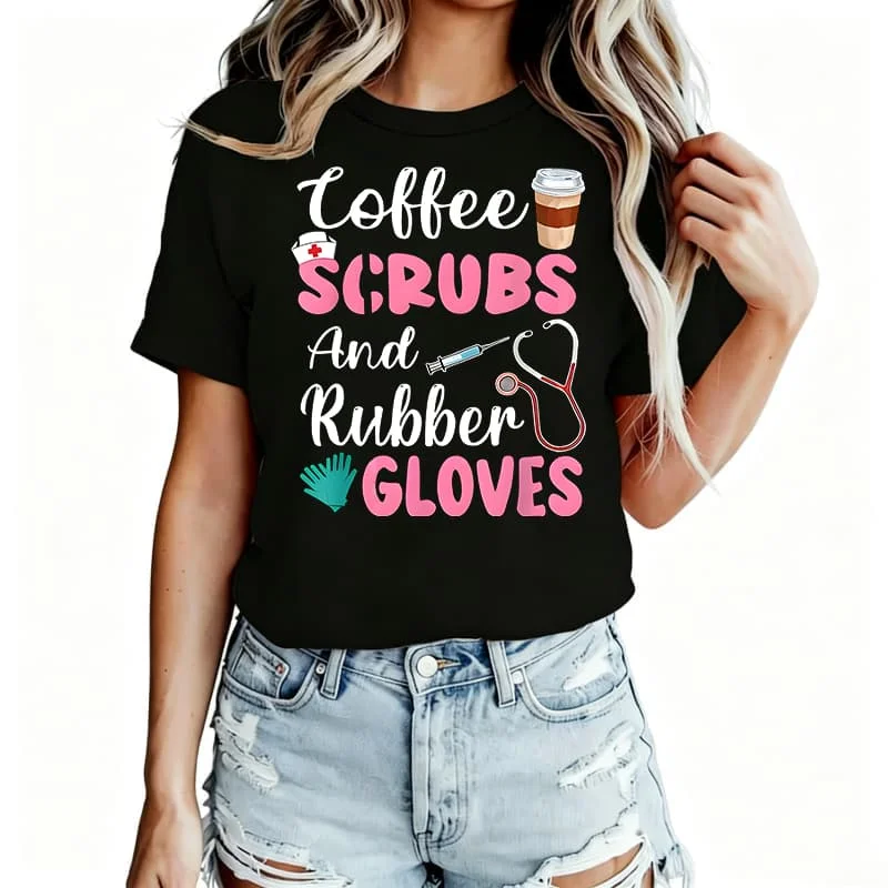 Crubs and Rubber Gloves Nurse Life Graphic Women's T-Shirt 100% Cotton Funny Graphic Short Sleeve Tee Novelty Shirt Casual Crew Neck Top S-5Xl