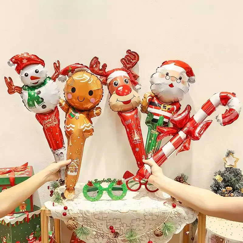 

10pcs Christmas Inflatable Stick Cane Candy Elk Head Gingerbread Man Snowman Handheld Balloon Birthday Party Banquet Supplies