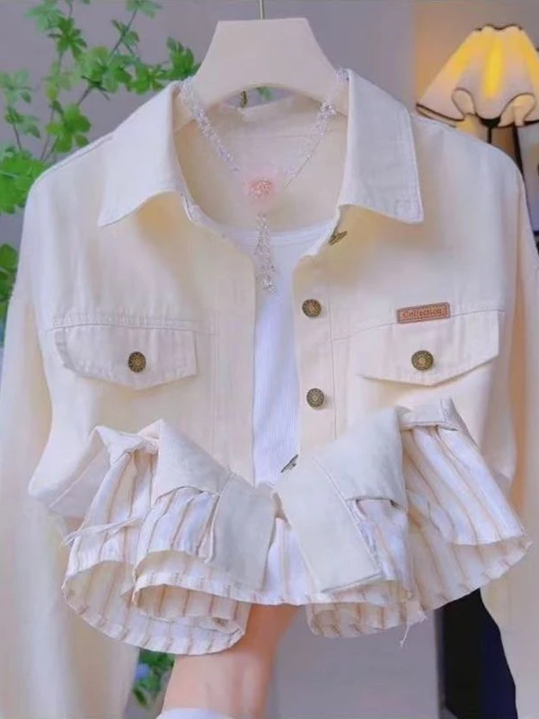 

Модная джинсовая рубашка с воротником, женская куртка-пэчворк, верхняя одежда для весны и осени, рубашка маленького размера, повседневный стиль, с длинным рукавом