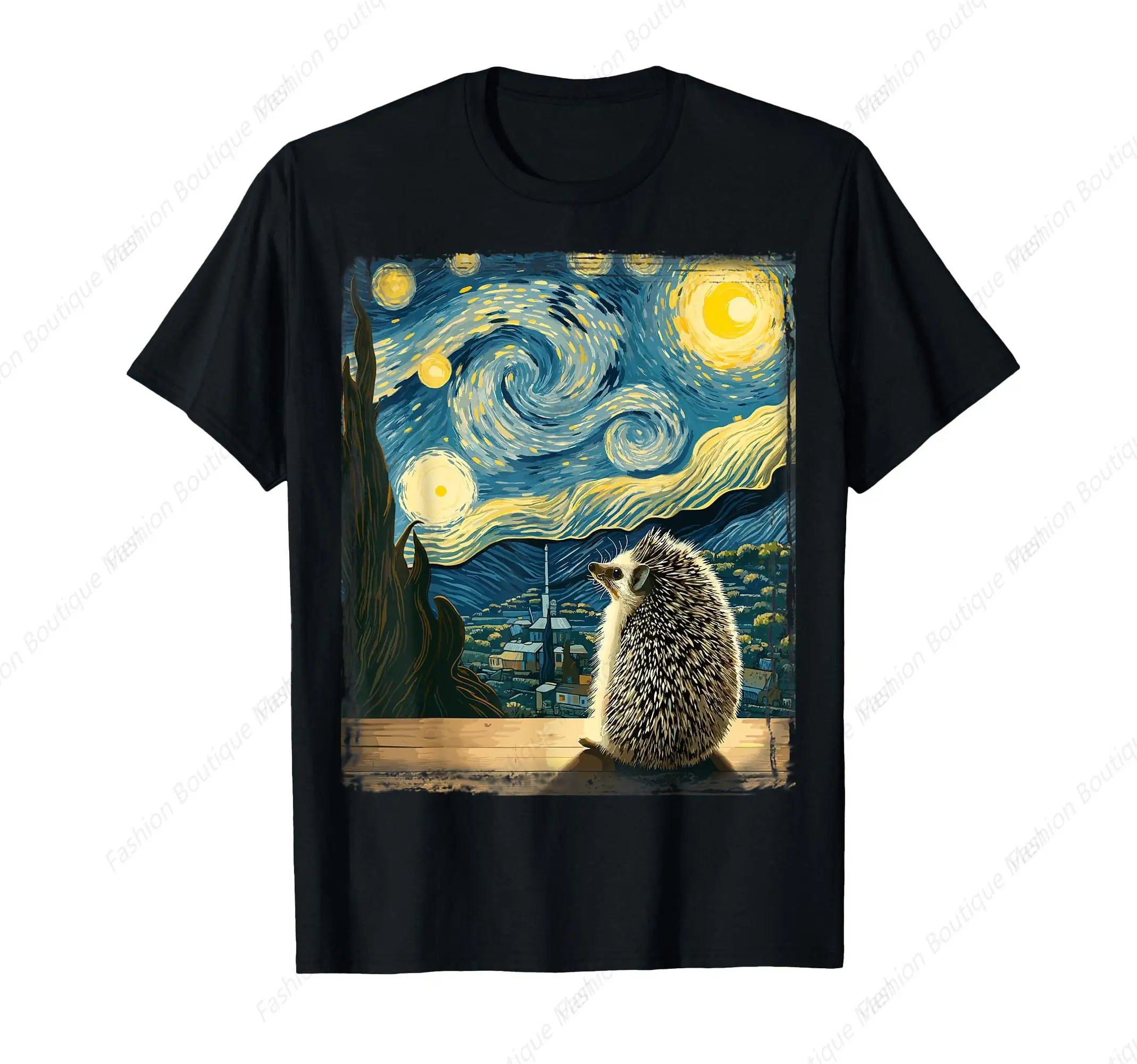 Van Gogh Style Starry Night Hedgehog Nice T-Shirt Casual O-Neck Cotton Short Sleeve High Quality Cotton Shirt