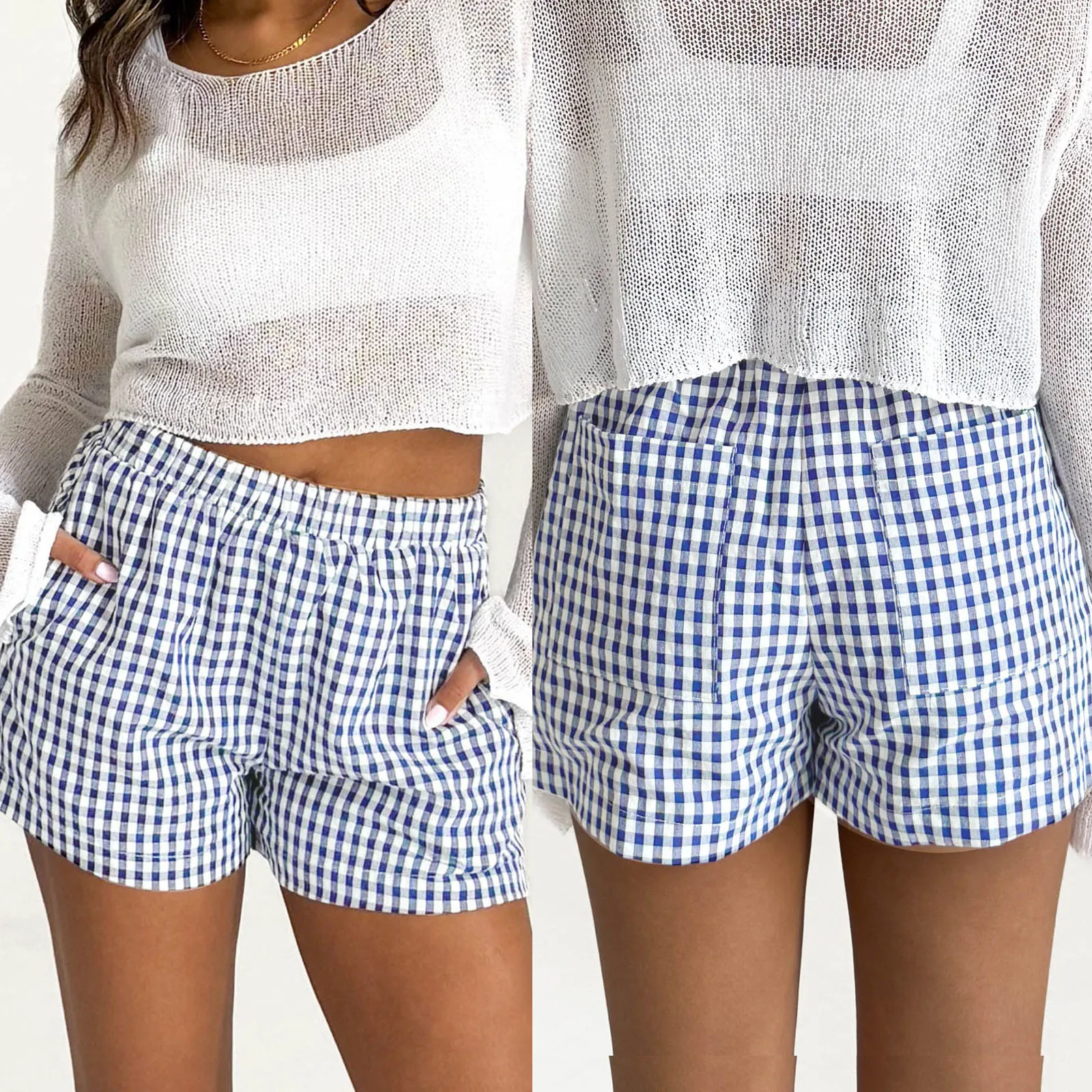 Y2K Women's Summer Cute Sweet Plaid Print Shorts Elastic High Waistband Pocket Casual Shorts Streetwear