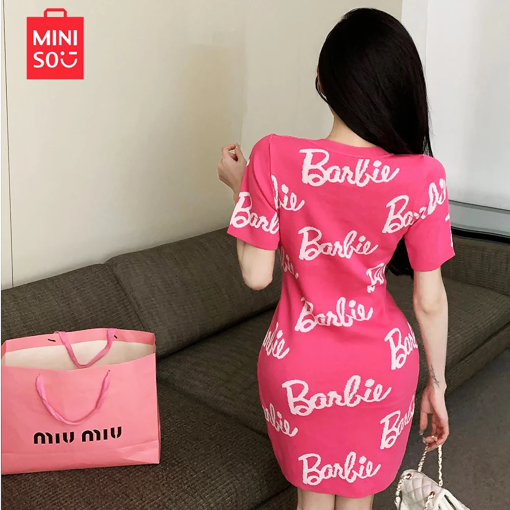 Miniso New Barbie Round Neck Letter Print Short Sleeve Mid Length Wrap Hip Dress Girls Birthday Christmas Halloween Gift