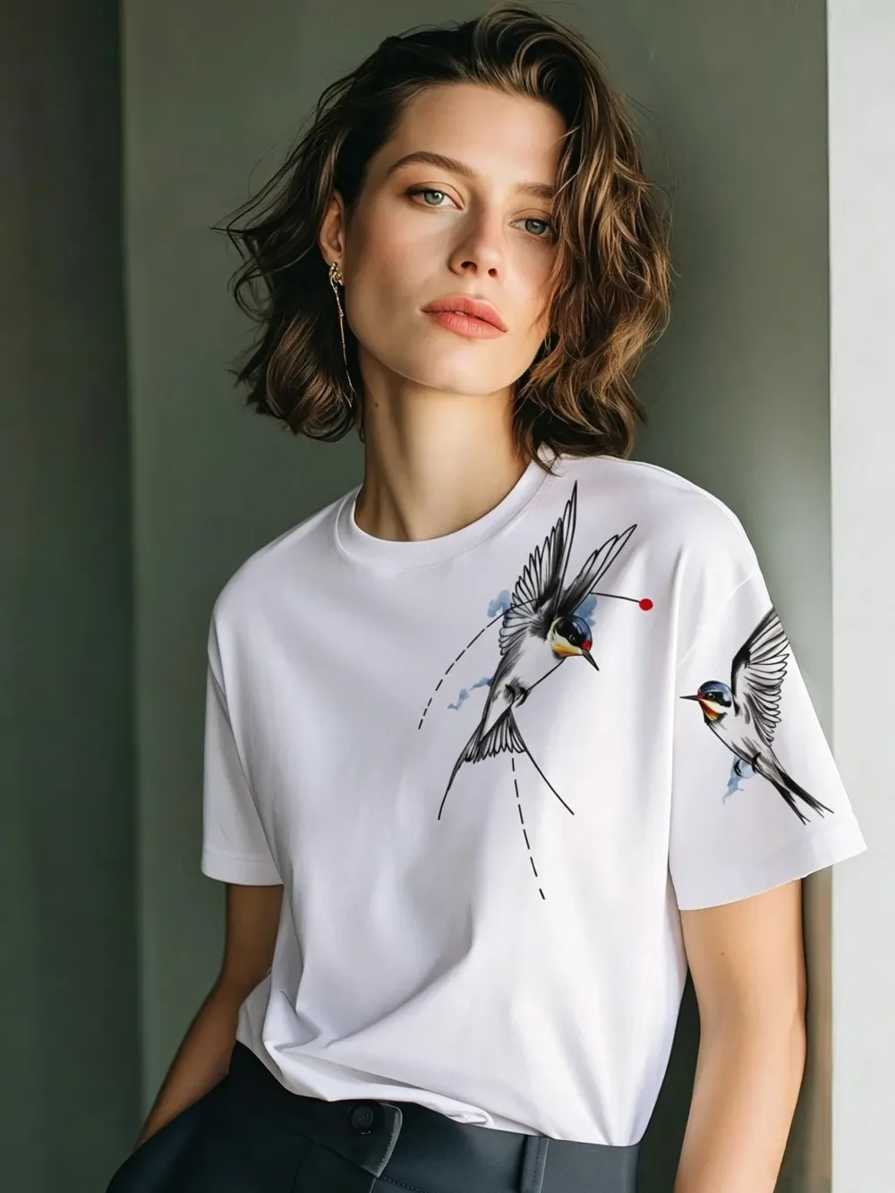 Flying Swallows Prints Cotton T-Shirts Womens Summer Short Sleeve T Shirts O-Neck Soft Oversized Tops Basic Comfortable Clothes