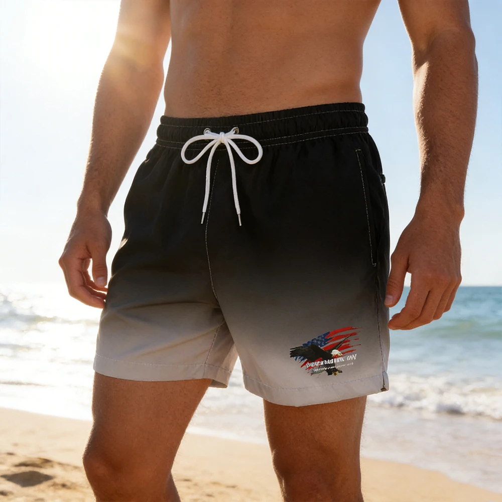 

Мужские быстросохнущие плавательные шорты для летнего отдыха с сетчатой подкладкой и карманами, с принтом флага и орла, градиентные, пляжная одежда, эластичный пояс