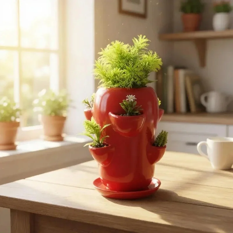 Tiered Ceramic Flower Pot with Side Openings, Vertical Red Herb Holder for Balcony Shelf, Window Shelf, Table Display, and Y5GB