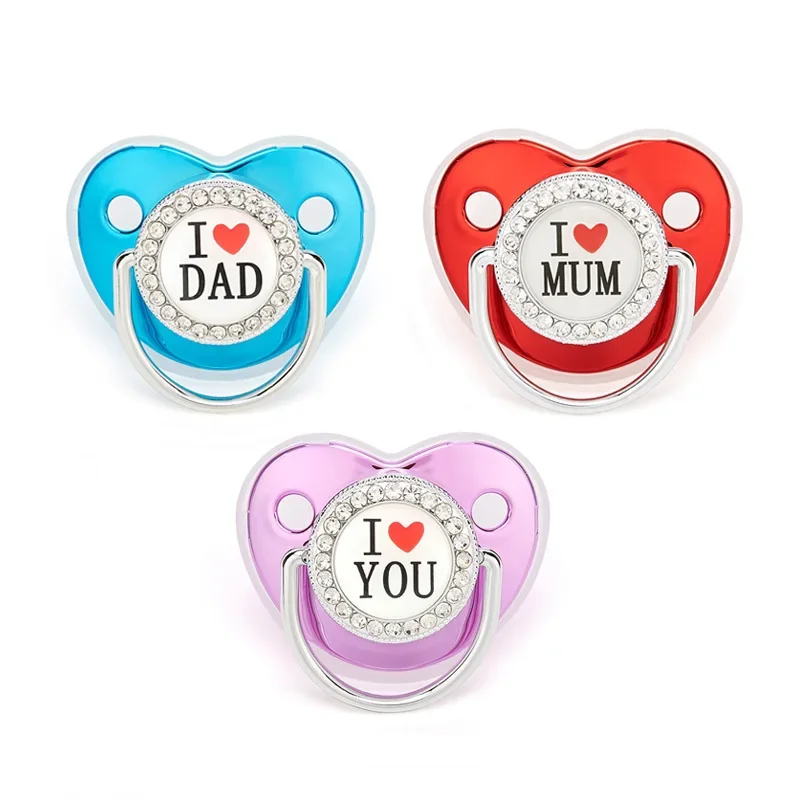 I Love YOU MUM DAD Letter Baby Pacifier Bling Rhinestone Pacifier Infant Silicone Nipple Newborn Dummy Soother Baby Shower Gifts