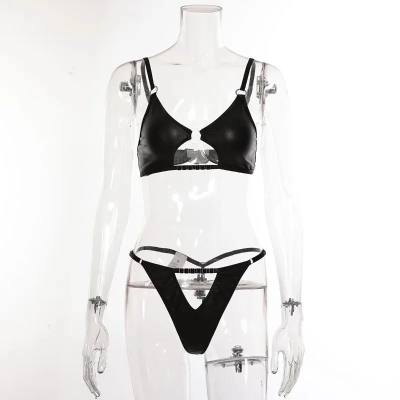 

Toucheart Sexy Hollow Out Halter Chain Lingeries Bra Set Exotic Glossy Pu Leather Set Underwear For Women Bra Set Sexy Lingerie