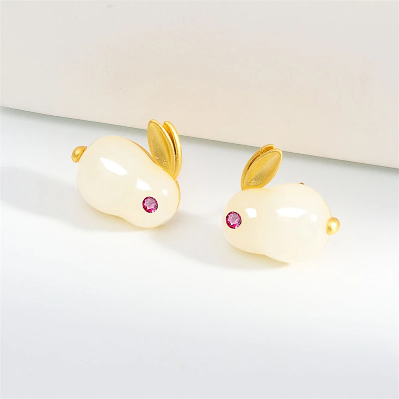 WYEAIIR Sweet Lovely Jade Rabbit 925 Sterling Silver Earrings For Women Luxury Jewelry Party Gift