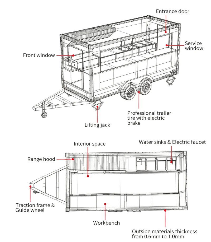 Double Axle Square Mobile Food Trailer Towable Concession Cart Dual Service Window For Doner Burger Pizza Fast Food