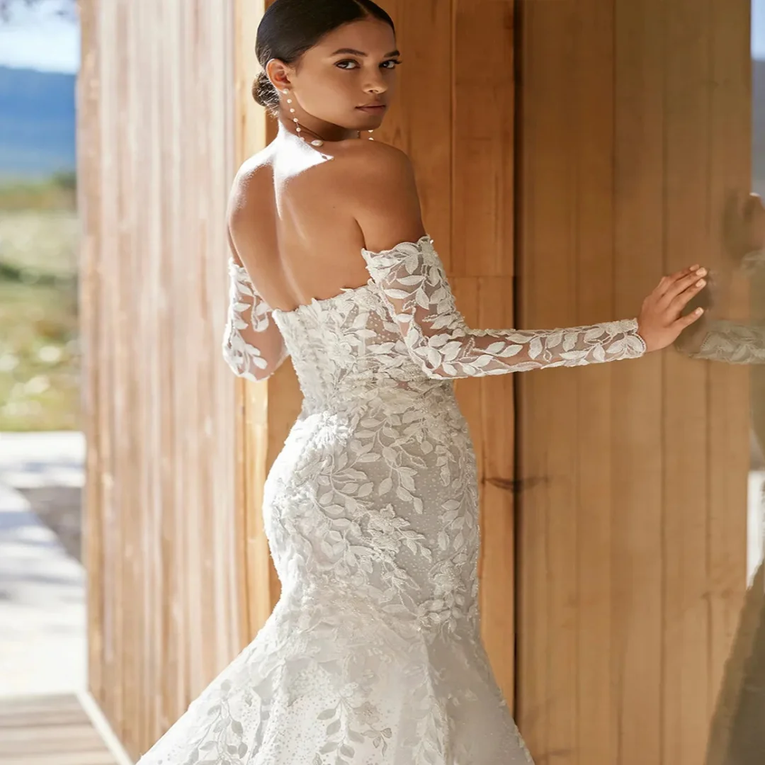 Customized Luxury Lace Mermaid Wedding  Dresses Elegant Bridal Gowns Lace Appliques Off The Shoulder Backless Robes Vestidos De