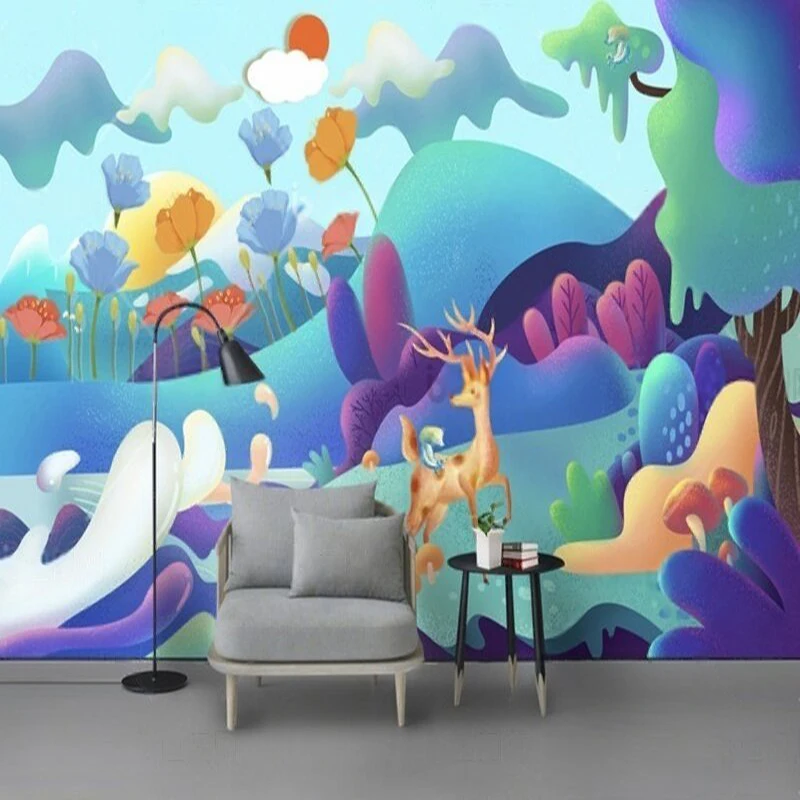 Dreamy hand-painted colorful mountain forest squirrel deer children's room bedroom luxurious home decoration background wall